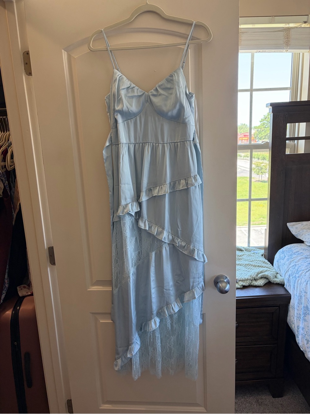 Francesca's Collections Light Blue Ruffled Slip Dress with Lace Hem